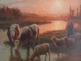 a painting of a man with a herd of sheep by the water