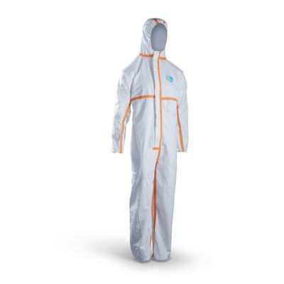 a person wearing a white and orange coverall with a hood