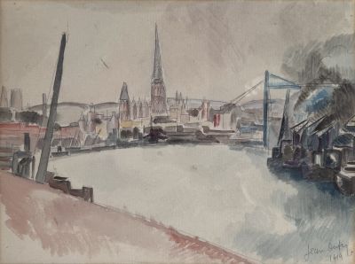 painting of a view of a city with a bridge over a river