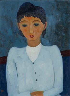 an image of a painting of a woman sitting on a blue couch