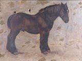 un tableau représentant un cheval sur lequel est perché un oiseau