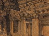 une image représentant un dessin d'un bâtiment en pierre avec des colonnes
