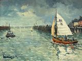 a painting of a sailboat on the water near a pier