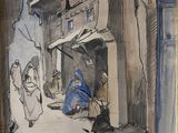 tableau représentant une scène de rue avec un homme et une femme sur le seuil d'une porte
