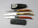 several knives are lined up on a white surface with a leather case