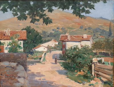 a painting of a street with houses in the background