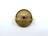 a close up of a gold broochle with a blue stone