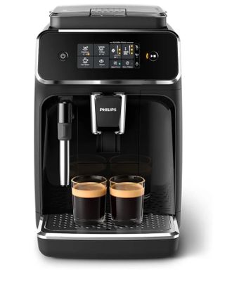 a black coffee machine with two cups of coffee in front of it