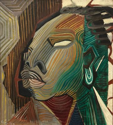 une peinture à l'huile représentant le visage d'une femme coiffée d'une coiffe à plumes