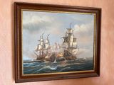 a picture of a painting of two ships in the water