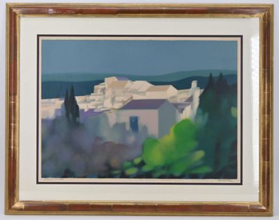 une image représentant un tableau d'un bâtiment blanc avec des arbres devant