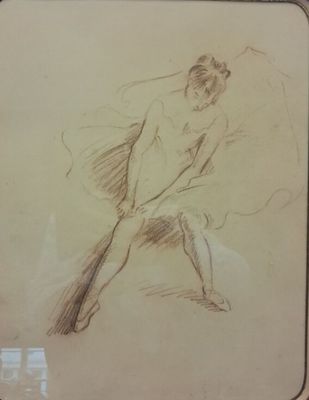 dessin représentant une femme nue dans une pose de ballerine sur un fond beige