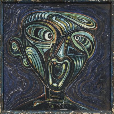 a painting of a man ' s face is shown in a wooden frame