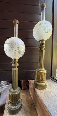 two lamps that are sitting on a window sill
