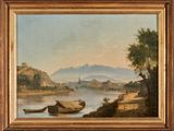 une image représentant une peinture d'un paysage fluvial avec un bateau au premier plan
