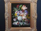 an oil painting of flowers in a vase on a table