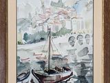 framed watercolor painting of a boat in a harbor with a castle in the background
