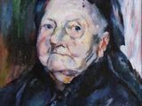 une peinture à l'huile représentant une vieille femme coiffée d'un chapeau noir