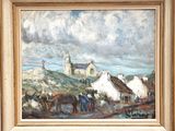an image of a painting of a village with a church in the background