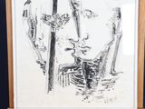 drawing of a man sitting in a chair in front of an easel