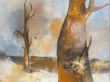 une peinture à l'huile d'un arbre dénudé dans un champ enneigé