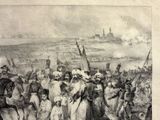 a drawing of a group of people standing in front of a city