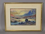 l'image d'un tableau représentant un paysage avec des montagnes en arrière-plan