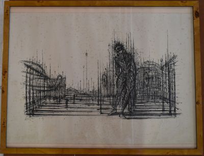 dessin représentant un homme marchant dans la rue devant un immeuble