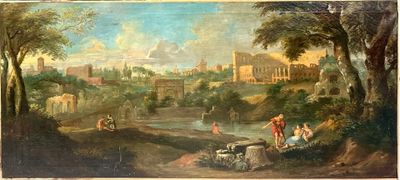 painting of a landscape with a river and a castle in the distance
