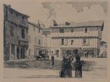 drawing of a group of people standing in front of a building