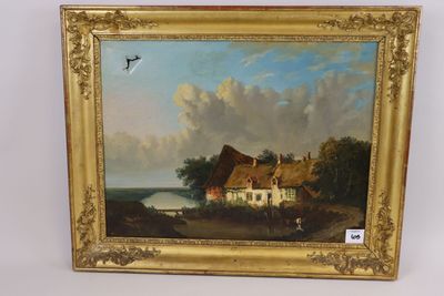 an image of a painting of a farm scene with a bird in the sky