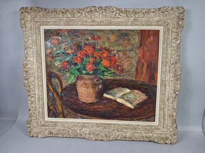 a painting of a vase of flowers and a book on a table