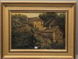 a painting of a village scene with a bridge and buildings