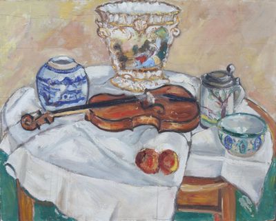 a painting of a violin and a vase on a table