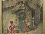 painting of two men in red uniforms standing in front of a building