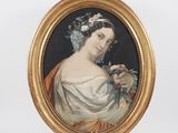 tableau représentant une femme en robe blanche tenant une fleur