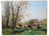 un tableau représentant des vaches paissant dans un champ près d'un arbre