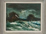 une image représentant un tableau d'un bateau sur une mer agitée