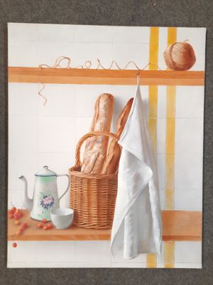 une photo d'un tableau représentant du pain dans un panier posé sur une étagère
