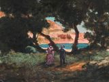 a painting of a man and a woman standing under a tree