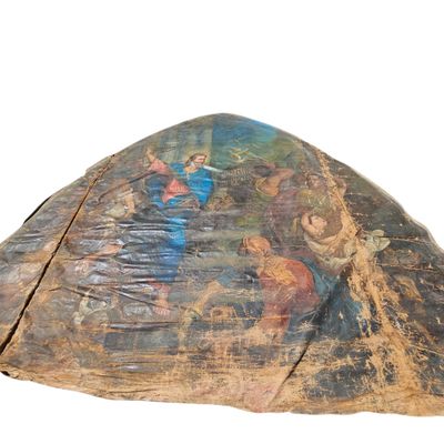 a large rock with a painting on it on a white background
