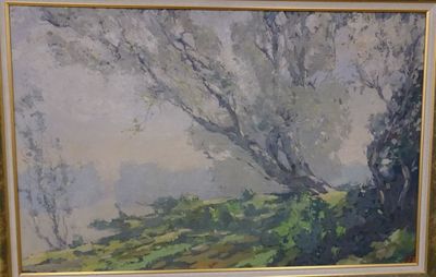 a picture of a painting of a tree in a field
