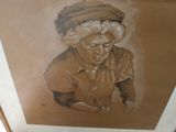 painting of a woman with a hat on her head sitting in front of a window