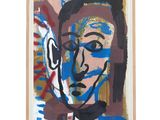 une peinture représentant le visage d'un homme recouvert de peinture bleue et rouge