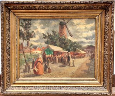 an oil painting of a village scene with a windmill in the background