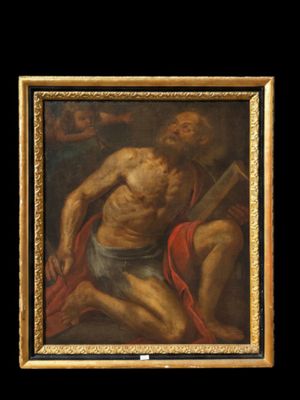 a painting of a man with a cross in his hand