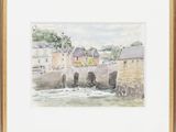 aquarelle encadrée représentant un paysage fluvial avec des bâtiments et un pont