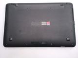 a black laptop with a red sticker on the back of it