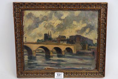une peinture à l'huile représentant un pont sur une rivière avec des bâtiments à l'arrière-plan