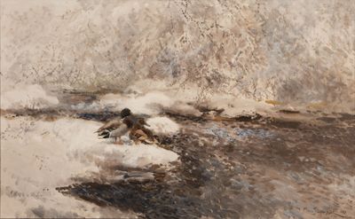une peinture représentant deux canards dans l'eau